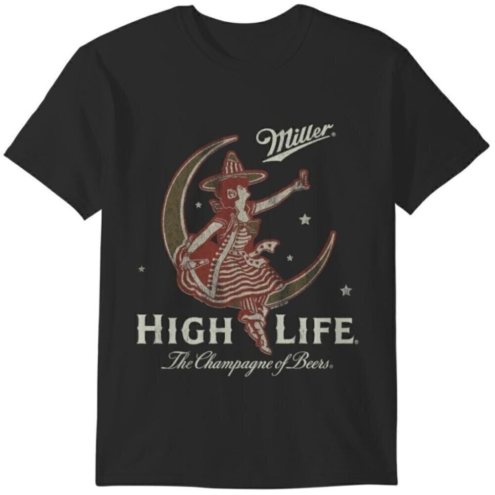 Miller High Life Girl In The Moon Fan Cartoon Beverage Graphic T-Shirt .